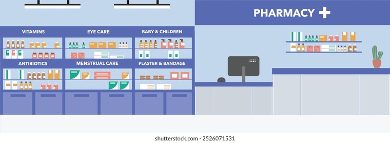 Interior da farmácia. Loja de farmácias. Loja de medicamentos. Loja de drogas. Exibição da prateleira da farmácia. Exposição da prateleira da farmácia. Loja médica. Loja médica. Caixa da farmácia. Cuidados de saúde.