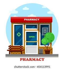 Pharmacy shop or store, drugstore building outdoor side view exterior with cross and flask for pills, bench and garbage can. Can be used as medical and drugs, business and trading theme