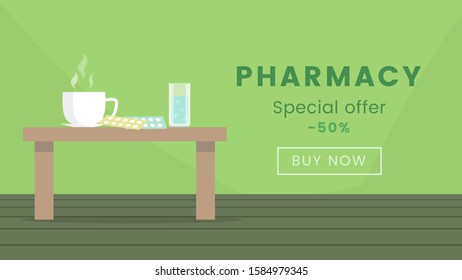 Pharmacy shop web banner vector template. Pharmaceutical products sale, 50 percent discount offer advertising poster concept. Medical supplies, medicaments flat illustration with typography