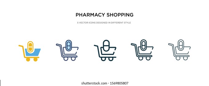 pharmacy shopping cart icon in different style vector illustration. two colored and black pharmacy shopping cart vector icons designed in filled, outline, line and stroke style can be used for web,