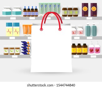 Pharmacy shopping paper bag / package mockup for your logo, in front of shelves with medicine bottles, sprays and pills. Vector illustration