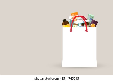 Pharmacy shopping paper bag / package mockup for your logo, in front of shelves with medicine bottles, sprays and pills. Vector illustration