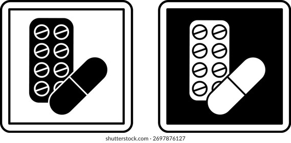 Sinais de farmácia. Ícones de vetor em preto e branco. Pílulas e medicamentos. Sinal do Departamento do Hospital