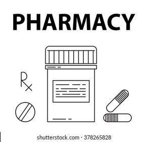 Pharmacy simple style concept. Pills box, prescription rx sign, pills and capsule icons.