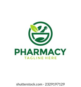 pharmacy smile logo, creative mortar, pestle and leaves healthy nature vector