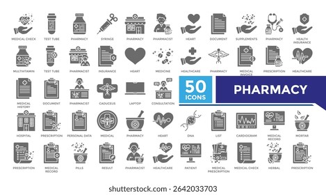 Pharmacy solid icon set collection. This set includes prescription, report, result, cardiology, dna, checkup, consultant, lab and more icons in 
solid style. Vector icons collection for websites
