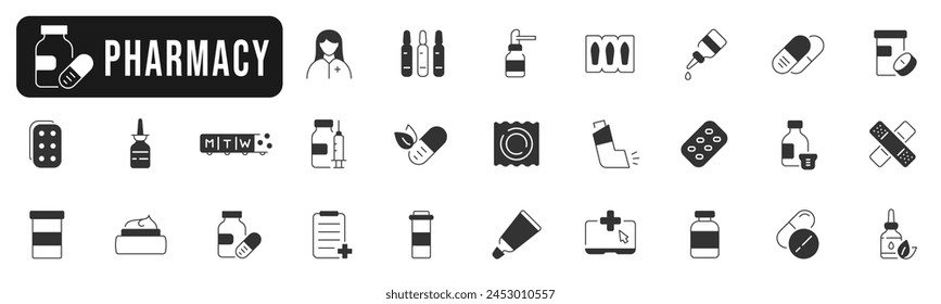 Pharmacy solid line icon set. Pill, drug, medical, capsule, syringe, syrup, bottle etc.