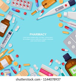 Pharmacy square frame with pills, drugs, medical bottles. Drugstore vector flat illustration. Medicine and healthcare banner, poster background with copy space.