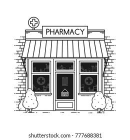 Pharmacy store building facade. Street shop of pharmacy medicine retail.  Medical care, healthcare, safety, first aid. Vector illustration.
