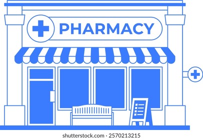 Pharmacy store building isolated illustration. Drugstore icon isolated on white background. One color line art infographic. Health care concept. Blue outline graphic. Editable stroke.