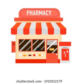 A pharmacy store building on white background.
