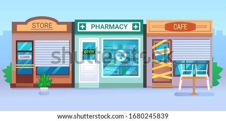 Pharmacy store building with vitrine and open sign. Isolated on white