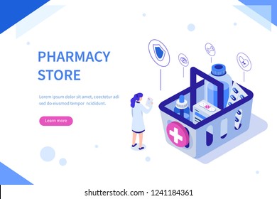 Pharmacy store concept. Can use for web banner, infographics, hero images. Flat isometric vector illustration isolated on white background.