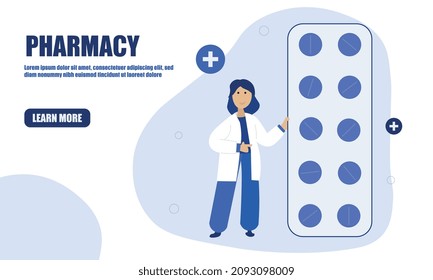 Pharmacy Store Concept. Flat Isometric Vector Illustration. Medical prescription. Character standing near medicine pills.