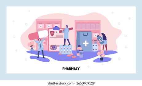 Pharmacy store concept. Online drugstore, doctor and nurse in hospital with prescription drugs. Vector web site design template. Landing page website concept illustration