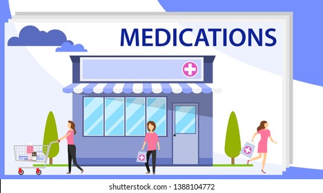 Pharmacy store concept. Pharmacy vector infographic elements. Medical supplies, bottles liquids, and pills vector cartoon illustration. Pharmacy purchases.