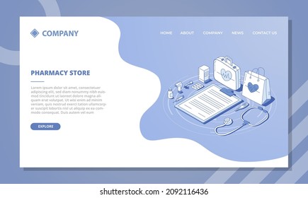 concepto de farmacia store para plantilla de sitio web o página de inicio de aterrizaje con estilo isométrico y de contorno