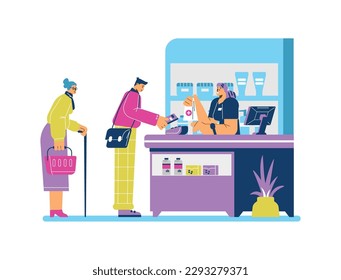 Pharmacy store counter desk, happy pharmacist selling drugs - flat vector illustration isolated on white background. People staying in line to buy pharmaceutical drugs. Healthcare concept.