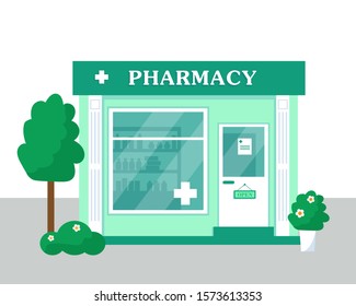 Pharmacy store exterior. Pharmacy building. Vector illustration.