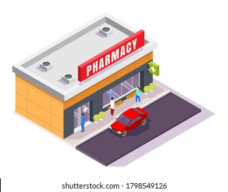 Pharmacy store facade, isometric vector illustration isolated on white background. Drugstore building with pharmacy signboard and characters.