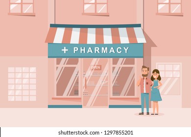 pharmacy store front facade in the city. cartoon vector illustration