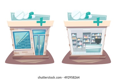 Pharmacy store front and interior. Cartoon street local drugstore building. Medicine retail shop inside and outside shelves and showcases. 