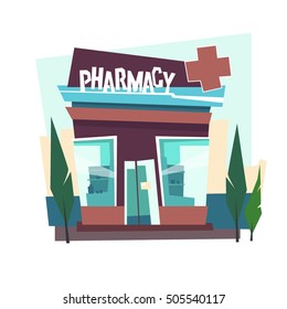 Pharmacy store front. Showcase with medications. Flat style. Vector illustration.