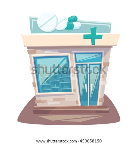 Pharmacy store front. Street local drugstore building. Medicine retail shop facade. Cartoon vector illustration.