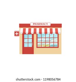 Pharmacy store front. Vector. Drugstore, storefront shop. Facade retail building with window. Vintage exterior house, street architecture. Cartoon illustration isolated in flat design.  