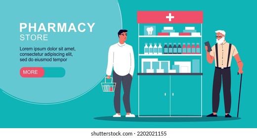 Pharmacy store horizontal banner with healthcare symbols flat vector illustration