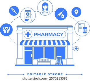 Pharmacy store infographic with medical elements. Building icon isolated on white background. One color blue outline graphic. Health care concept. Drugstore line art illustration with editable stroke.