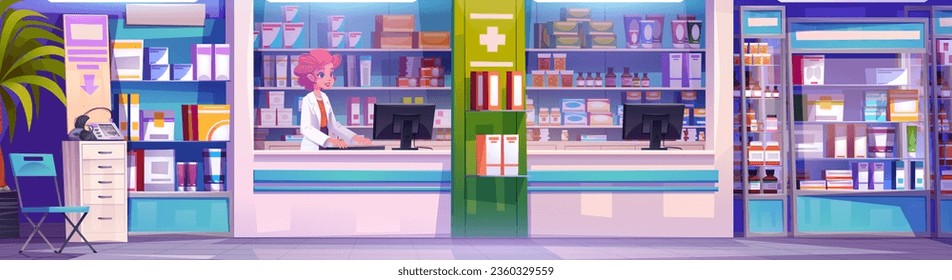 Pharmacy store interior with counter and woman character. Pharmacist inside drugstore with shelves full of drug, vitamin and chemist for sale. Treatment seller near showcase with prescription product