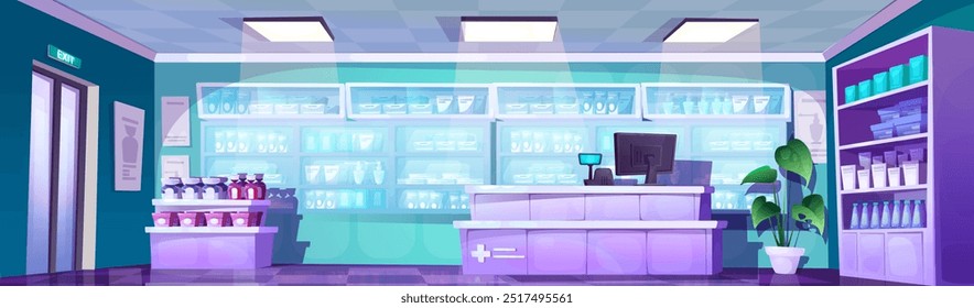 Pharmacy store interior with drugs in boxes and bottles on racks and shelves, cash register on counter, plant in pot. Cartoon vector healthcare and medical treatment product inside drugstore.