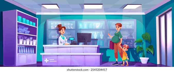 Interior de la farmacia con mujer embarazada y niño, farmacia en la caja registradora, medicamentos en bastidores y estantes, planta en maceta y puerta de entrada. Farmacia de Vector de dibujos animados con productos médicos.