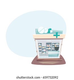 Pharmacy store interior. Street local drugstore building. Medicine retail shop inside shelves and showcases. Cartoon vector illustration.