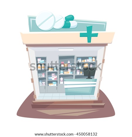 Pharmacy store interior. Street local drugstore building. Medicine retail shop inside shelves and showcases. Cartoon vector illustration.