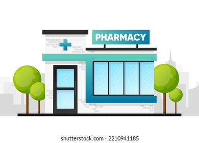 Pharmacy Store landing facade. Commercial, property medicine building. Vector illustration.