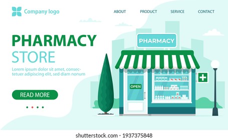 Pharmacy store landing page. Commercial, property medicine building. Vector illustration in flat style