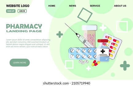 pharmacy store landing page with drugs image in doodle style by vector design