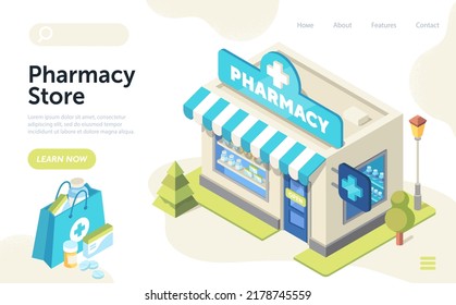 Pharmacy store landing page. Sale of medicines, tablets and vitamins. Drugstore or retail of pharmaceuticals. Medicine, healthcare and treatment of diseases. Cartoon isometric vector illustration