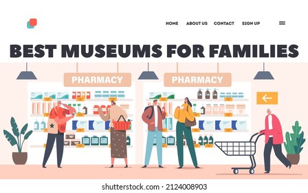 Pharmacy Store Landing Page Template. Characters with Carts Purchase Drugs Customers Walking along Shelves with Medications and Vitamin Packs, Healthcare Concept. Cartoon People Vector Illustration