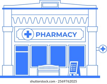Pharmacy store line art illustration. Building icon isolated on white background. One color blue outline graphic. Drugstore infographic. Old vintage architecture of downtown. Editable stroke.