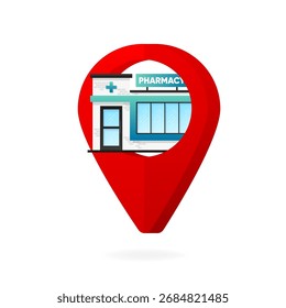 Pharmacy store location. Pharmacy location pin. Vector illustration.