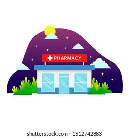 Pharmacy store and in the night with full moon, cloud, and sky. Vector, Illustration