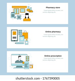 Pharmacy store, Online pharmacy, Online prescription. Vector template for website, mobile website, landing page, ui.