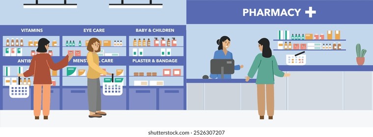 Loja de farmácias. As pessoas compram remédios em farmácias. Ilustração de farmácia. Caixa da farmácia. Farmacêutico. Medicina e cosméticos. Mínimo mercado.