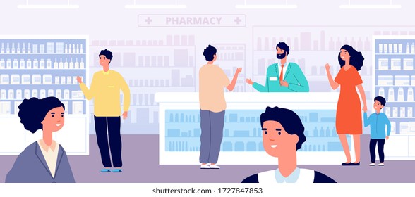 Pharmacy store. Pharmacist medical shopping, woman in drugstore interior. People buy medication. Patient and man nurse vector illustration