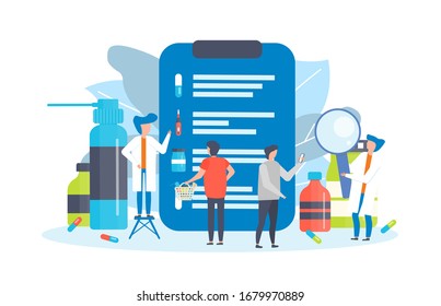 Pharmacy store, pharmacists and buyers people among drugs vector illustration isolated on white. Sellers and customers in pharmaceutical shop. Clipboard with medicines for therapy list.