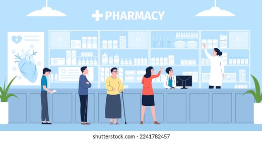 Pharmacy store, retail in clinic. Drugstore customer waiting line, medical seller or pharmacist. Woman buy medications, tablets, recent vector scene