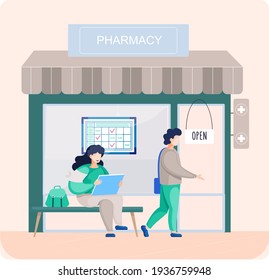 Pharmacy store with signboard, awning and cross symbol in shop window. Pharmaceutical laboratory